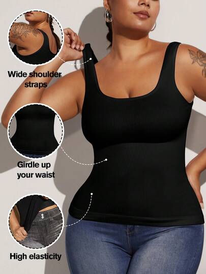 1pc Women's Seamless Black Plus Size Tummy Control Body Shaper Top, Slightly Sculpting Flat Belly Sheath Slimming Shapewear Waist Trainer