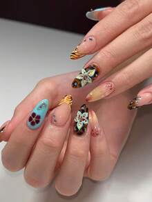 24 piezas de uñas postizas con forma de almendra en caja de regalo, con patrón de cebra estilo francés naranja, relieve 3D, flores azules, degradado rojo y amarillo, combinación de multi-diamantes, estilo ramen Y2K, adecuadas para el trabajo diario de las niñas, imprescindibles para regalos y fiestas, uñas postizas con 1 pieza de pegamento de gelatina y 1 lima