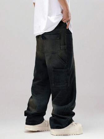 男士复古水洗牛仔休闲宽松多口袋阔腿裤，百搭时尚，适合作为送给男友/丈夫的礼物