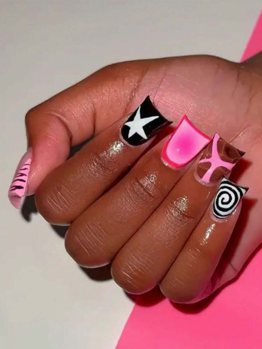 24pcs Long Duck Mouth Star Pattern French Press-On Nails, Acrylic False Nail Set, Includes: 1pc Gel Polish And 1pc Nail File - View 1