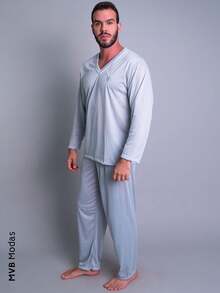 Men's Long Sleeve Pajamas With Pants By Mvb Modas - 灰色 - 查看 2