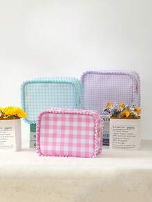 Personalized Embroidered Makeup Bag For Girls, Custom Name Gingham Toiletry Pouch With Cute Ruffle Trim, Soft Pastel Travel Cosmetic Organizer, Lightweight Large Capacity Storage Bag, Ideal Gift For Friends, Bridesmaids, Or Christmas