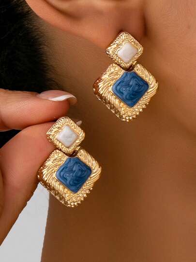 1 par de pendientes cuadrados de lujo con revestimiento bicolor de aleación de moda