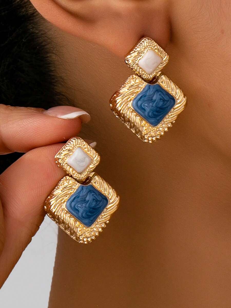 1 par de pendientes cuadrados de lujo con revestimiento bicolor de aleación de moda