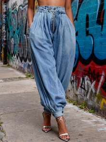 Women Harem Denim Pants Causal High Waist Wide Leg Baggy Solid Color Trousers With Pockets - 藍色 - 查看 3