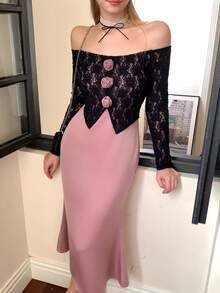 Livesso Elegant Party Dress Women's Mid-Length Contrast Color Patchwork 3D Floral Dress, Autumn Prom Dress Off The Shoulder - Pink - View 3