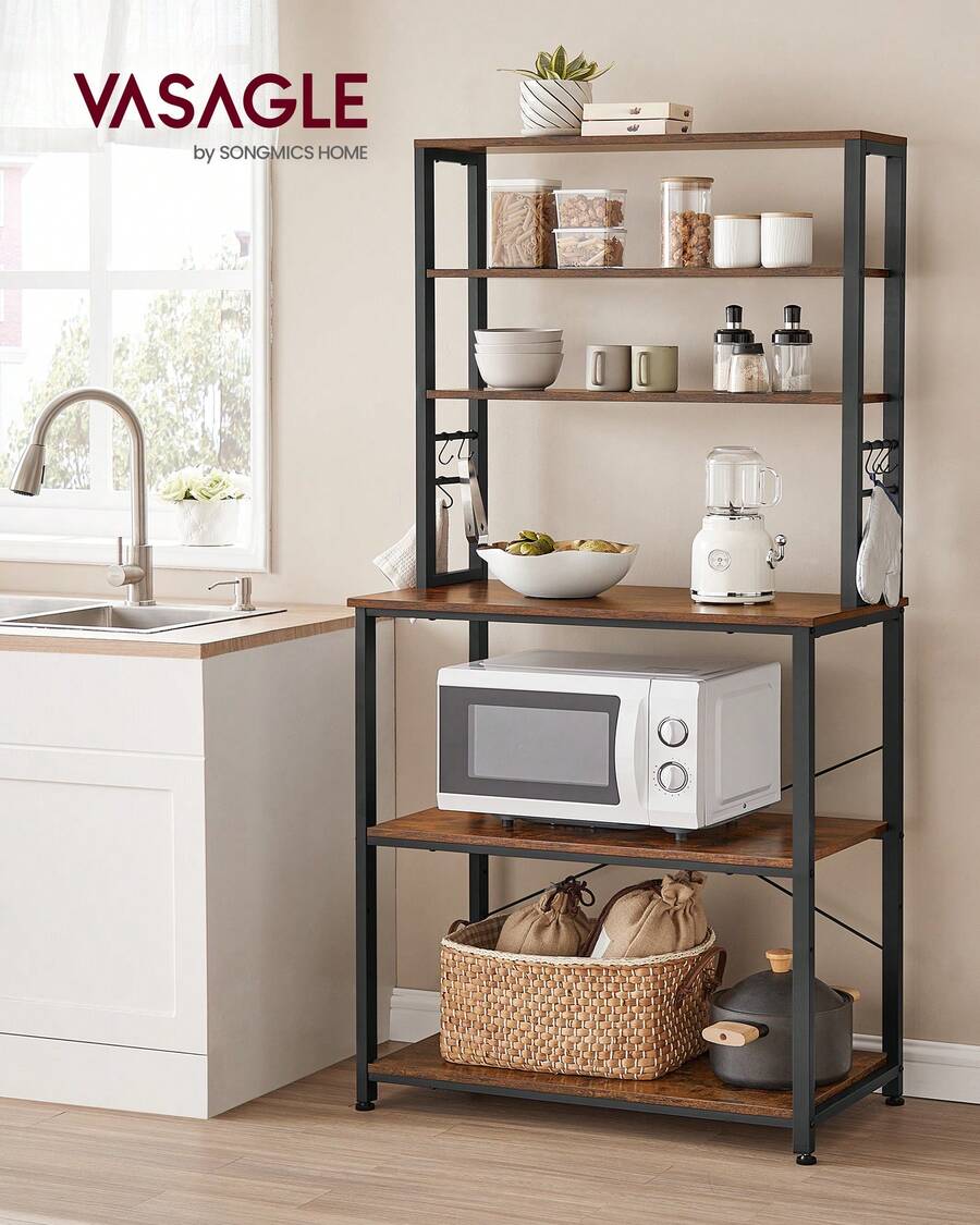 Kitchen Storage Rack, Coffee Bar, Baker's Rack, Total 6 Shelves And 6 Hooks, For Microwave, Steel Frame, Industrial, 40 X 80 X 167 Cm, Rustic Brown And Black/Oak Colour And White - Brown - View 1