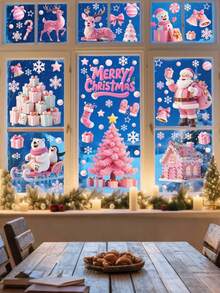 一套4张粉色圣诞静态窗贴，共53种图案，包含粉色圣诞老人、雪花、铃铛、房屋、糖果等图案，可自由搭配DIY。适用于圣诞主题的窗户和玻璃贴。 - 彩色 - 查看 10