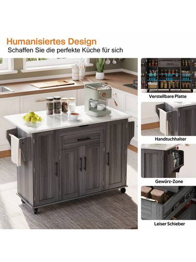 120*45cm, Mobile Kitchen Isl Trolley, Worktop Extends Up To 70cm, Hidden Cutlery Drawer, Adjustable Shelves, Spice Rack Towel Holder, Kitchen, Dining Room Or Living view 4