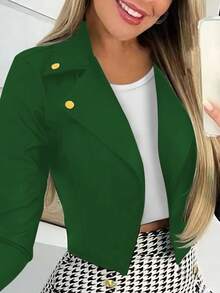 1件女款優雅時尚通勤短款翻領長袖開襟針織西裝外套，附鈕扣細節 - 綠色 - 查看 3