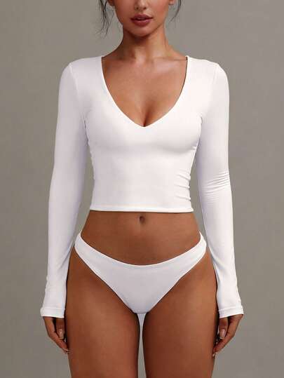 XLLAIS Deep V-Neck Long Sleeve Top, Double-Layer Yoga Fabric, White Basic Warm T-Shirt, Women Autumn/Winter