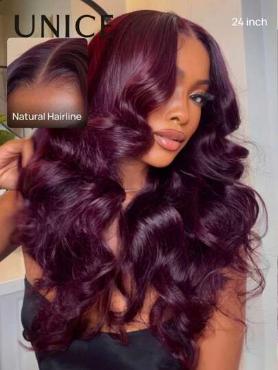  Hair Purple Black Cherry Colored Loose Wave Wig With Face Framing Layers 13x4 Pre Everything™ Lace Frontal Pre Cut Pre Bleached Pre Plucked Wig Transparent Lace 100% Human Hair Ready To Wear With Invisi Drawstring Wig Unice Wigs