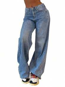 Valentine's Day Wide Leg Jeans For Women, Mid Rise Baggy Jeans Plus Size Boyfriends Denim Pants, Y2K Vintage Style Spring Clothes - Rửa tối - Xem 4