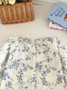 Humor Bear 2件套女童时尚提花雪纺轻薄长袖上衣和阔腿裤套装，秋季 - 藍色 - 查看 4