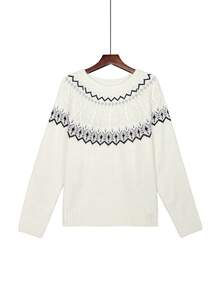 Women's Winter Fair Isle Sweater, Fashion Patterned Knit Fabric Ribbed Pullover, Suitable For Vacation, Holiday, And Everyday Wear, White - Beige - View 7