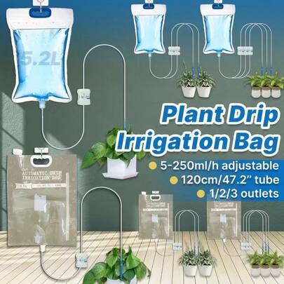 1pc Automatic Watering Bag With Adjustable Flow Control, Plant Self-Watering Drip Bag - Easy To Use, No Battery Needed, 47.2" Tubing & 1/2"/3/4" Connectors - Transparent/Opaque Durable Irrigation System For Indoor/Outdoor Plants, Travel, Home And Garden, Sturdy Plastic Plant Watering System, 5.2L/6.5L