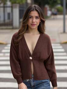 Women's Autumn Sweater Cardigan Long Sleeve V Neck One Button Solid Color Knitwear - Dark Brown - View 1