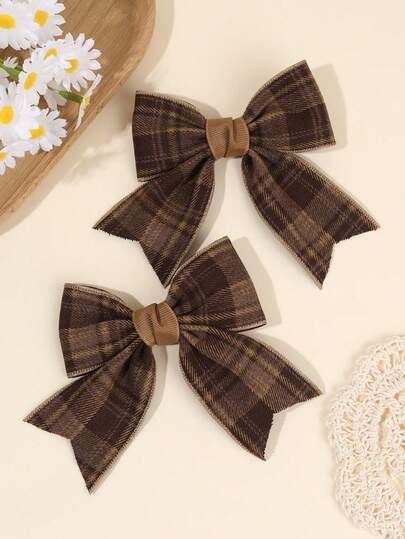 2 件棕色格子蝴蝶结女士女孩格纹布蝴蝶结鳄鱼夹优雅蝴蝶结发夹休闲网格蝴蝶结发夹秋冬蝴蝶结发夹女士发饰