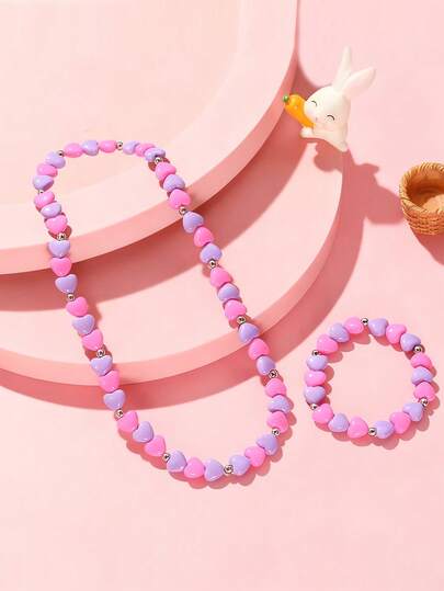 2pcs/Set Girls Cute Heart Charm Colorful Beaded Necklace & Bracelet Set, Suitable For Holiday Party, Birthday Gift, Girls Accessories
