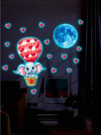 1pc Glow-In-The-Dark Hot Air Balloon Elephant Wall Sticker, Decorative Decal For Kids Room, Living Room, Heart & Planet Design