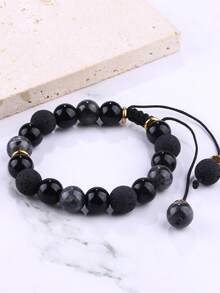 Natural Stone & Stainless Steel Beaded Bracelet, Woven Design, Fashionable & High-End, Luck Charm, Gift For Boyfriend
