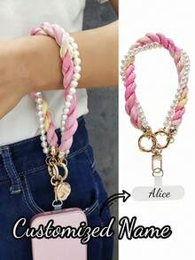 1pc Stylish Pink Braided & Pearl-Detailed Multi-Functional Phone Lanyard, Fashion-Forward Design With Gold-Tone Hardware & Cute Charms, Perfect For Daily Use, Parties, Weddings, Bridal Showers, Gifts For Her, Accessory For Phone Security & Style