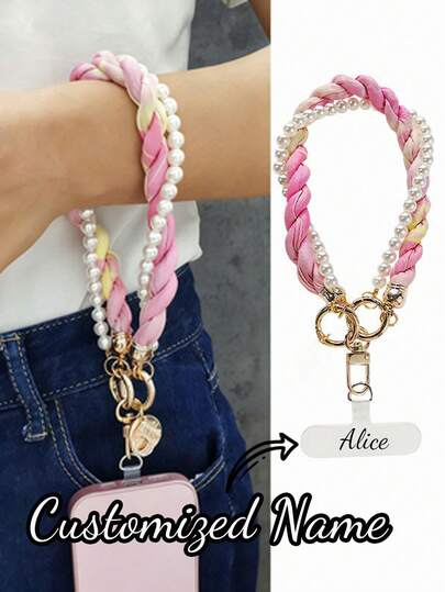 1pc Stylish Pink Braided & Pearl-Detailed Multi-Functional Phone Lanyard, Fashion-Forward Design With Gold-Tone Hardware & Cute Charms, Perfect For Daily Use, Parties, Weddings, Bridal Showers, Gifts For Her, Accessory For Phone Security & Style