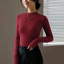 Suéter casual de manga larga con cuello alto y detalles de canalé para mujer, blusa de moda dama, sweater informal elegante - Rojo - Ver 2