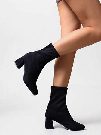 1 Pair Women's Black High Heel Ankle Boots, Chunky Heel Pointed Toe Suede Elastic Boots, Autumn/Winter, Versatile Slip-On Stylish Boots