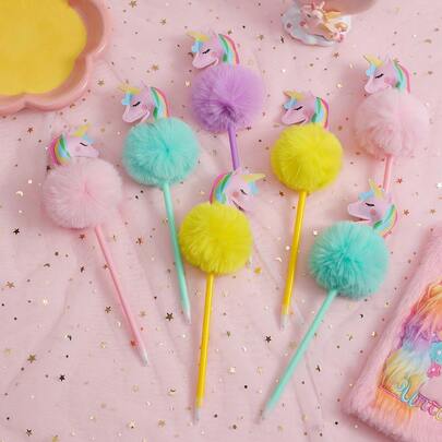 1 PC Cartoon Unicorn Fur Ball Pen, Cute Writing Pen For Elementary School Students, Ballpoint Pen, Children'S Stationery Gift Pen, Girl'S Hand Account Pen