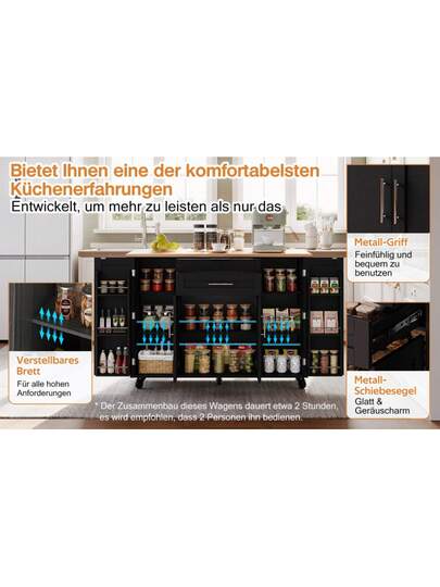 120*45cm, Mobile Kitchen Isl Trolley, Worktop Extends Up To 70cm, Hidden Cutlery Drawer, Adjustable Shelves, Spice Rack Towel Holder, Kitchen, Dining Room Or Living view 10