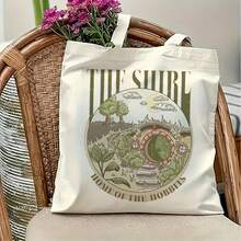 1pc "Shire Hobbit Cave" Canvas Tote Bag - Vintage Illustration Style, High-Quality Reusable Grocery Bag For Movie And Fantasy Fans 15.7inch X 13.7inch, Durable Polyester With "Hobbit's Home" Design, Fantasy Literature Gear | Sturdy Handle Bag - trắng - Xem 1