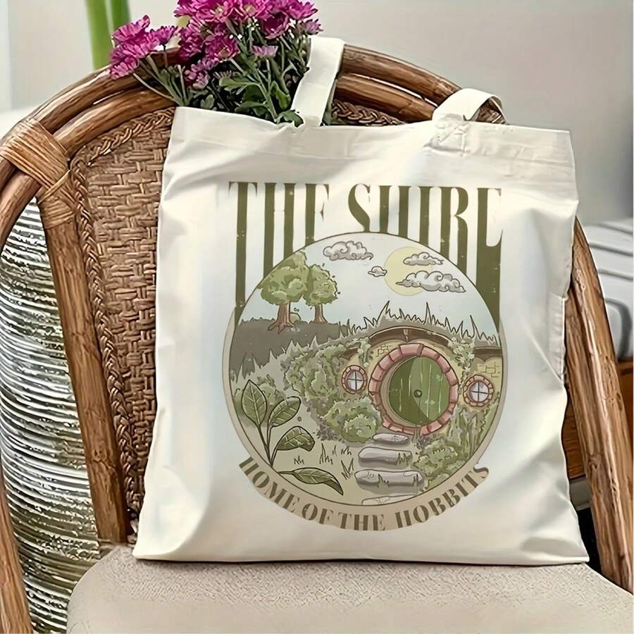 1pc "Shire Hobbit Cave" Canvas Tote Bag - Vintage Illustration Style, High-Quality Reusable Grocery Bag For Movie And Fantasy Fans 15.7inch X 13.7inch, Durable Polyester With "Hobbit's Home" Design, Fantasy Literature Gear | Sturdy Handle Bag - trắng - Xem 1