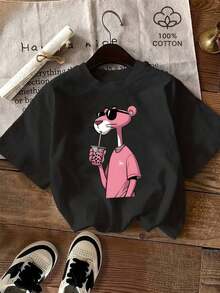 Camiseta gráfica de Leopardo rosa para mujer - Camiseta casual de manga corta con diseño de gafas y bebida, fondo negro, moda primavera/verano, ropa casual | Diseño juguetón | Ajuste cómodo, camisetas para damas - Negro - Ver 2