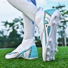 人造草坪鞋，足球鞋，男女通用钉鞋足球训练鞋，运动高帮户外团队运动鞋，适用于人造草坪、硬地和室内训练场地。耐磨橡胶鞋底，前部系带，AG钉鞋，轻便高性能专业足球鞋。 - 白色 - 查看 5