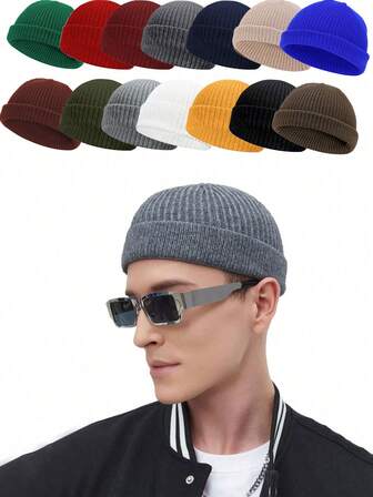 男士街头嘻哈风格纯色无檐便帽，针织保暖无檐帽，适合户外、徒步旅行、骑自行车、旅行、日常穿着