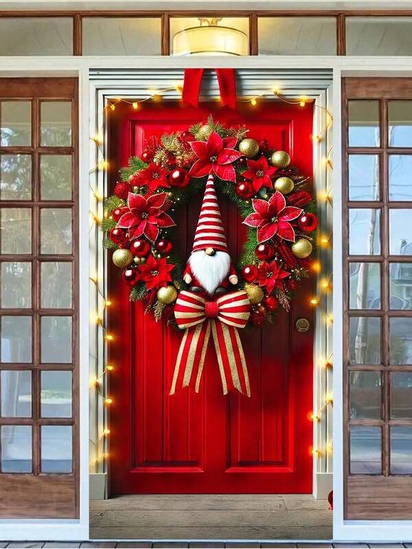 1 Pc Red - Themed Christmas Gnome With Poinsettia Wreath & Bow Pattern 2D Door Banner, Festive Style Polyester Rectangular Door Cover With Vivid Red & Gold Ornaments, String Lights & Floral Details, Washable For Indoor And Outdoor Use, No Power Needed, Perfect As Christmas Door Decoration, Holiday Party Accent & Suitable For Christmas Celebrations, Winter Festive Events, Home & Porch Decor