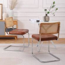 Mittelalterliche moderne Esszimmerstühle, ein Satz von 2-Rattan Esszimmerstühlen mit weichen gepolsterten Kunstlederelementen, armlose Mesh Rückenlehne Rattan Stühle, Metall Chrom Beine(Black)