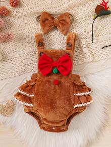 1 件套幼儿女童可爱舒适羊毛围兜连体衣，秋冬 - 咖啡棕 - 查看 1