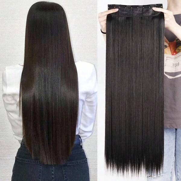 Synthetic 5-Clip In Hair Extensions Long Straight Hairstyle Hairpiece 80CM Natural Fake Hair For Women In Black/Brown/Blonde