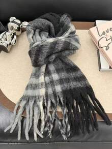 1pc Black & Gray Plaid Scarf, Rectangular Tassel Scarf Suitable For Autumn/Winter Daily Use - Snowpiercer - View 2