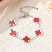 1 件时尚优雅不锈钢四叶草和珍珠母银手链，高端花卉珠宝礼物，适合送给女朋友 - 銀色 - 查看 11