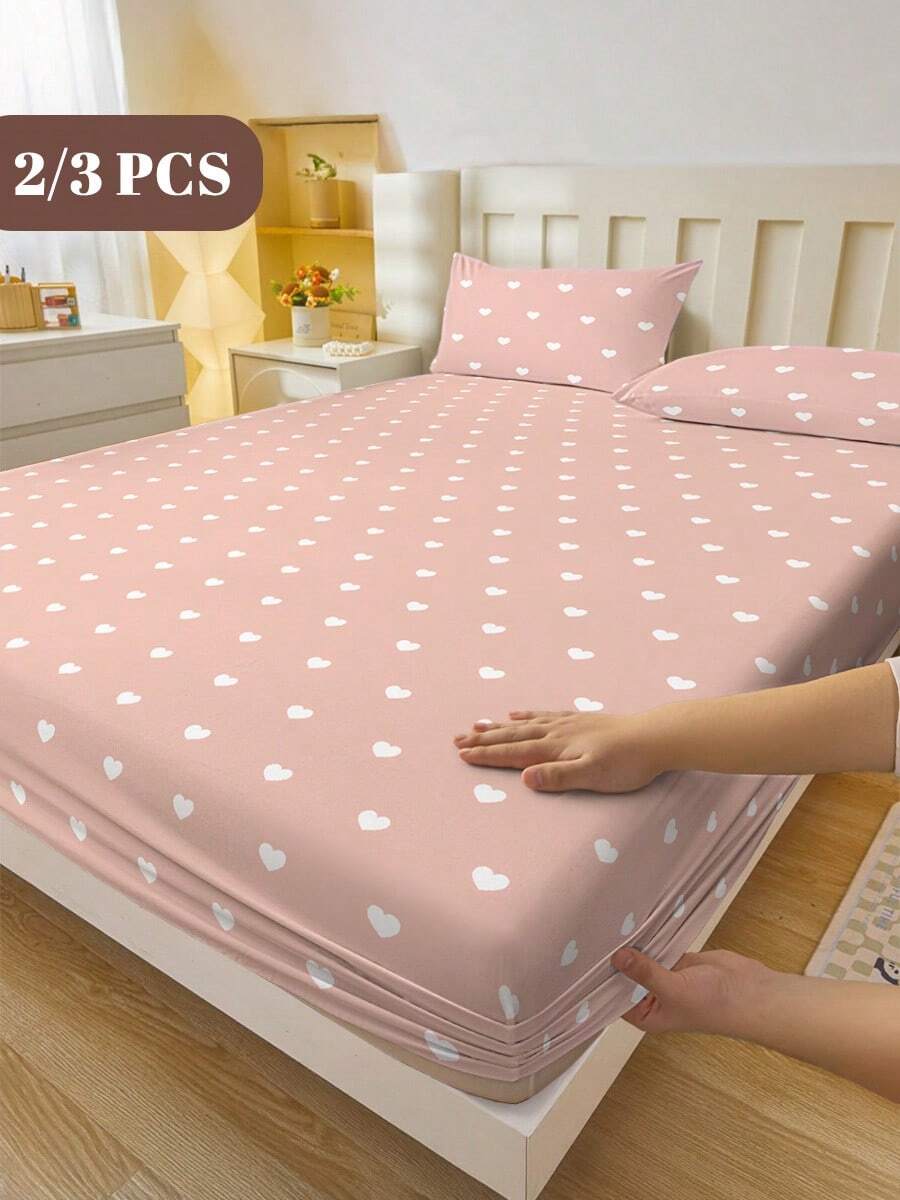 2/3pcs Printed Fitted Sheet Set, Bedding, Bed Sheets Set, Mothers Day Decorations, Soft And Comfortable Bedding, Skin-Friendly Bed Cover Set, Mother's Day Gift, Mattress Protector For Bedroom, Room Decor, For All Season, Fits Twin Full King Queen Size Bed, 1 Fitted Sheet And 2 Pillowcases, Machine Washable - 粉底白心 - 查看 1