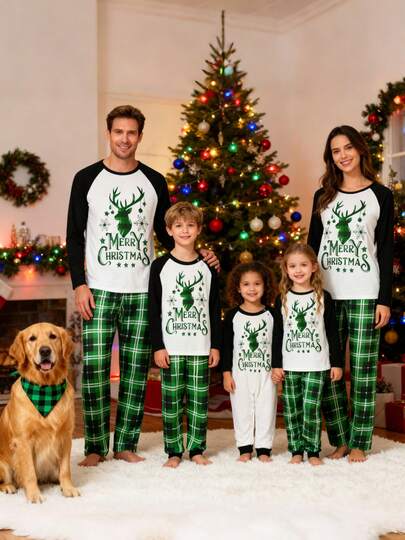 Christmas Family Pajamas Matching Set Baby Romper/Dog Scarf/Long Sleeve Elk Graphic Long Sleeves Tops + Plaid Pants Sleepwear Fall Winter Holiday Casual Xmas Loungewear