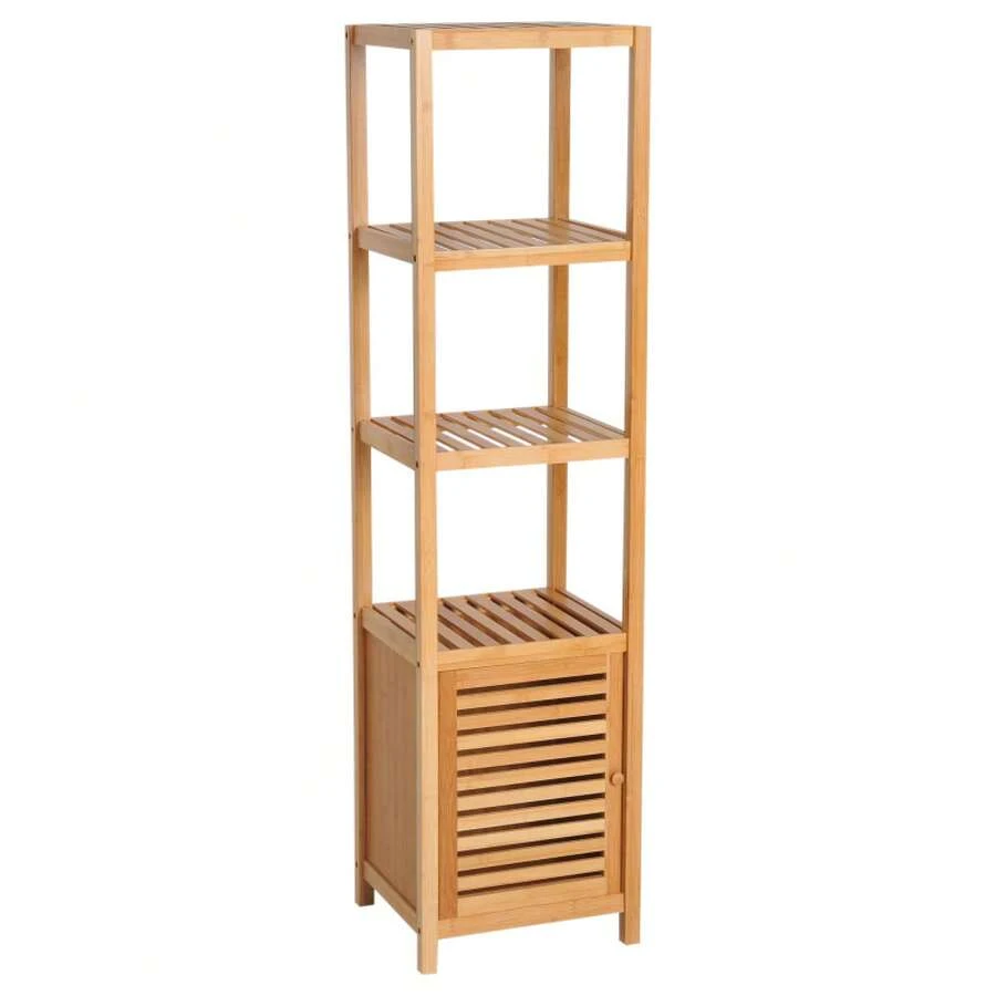 HOMCOM Bathroom Cabinet With 3 Open Bamboo Shelves, 36x33x140cm Natural Toilet Cabinet For Optimal Storage - 1 - 查看 1