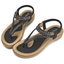 LITTLEPLUM Sandalias planas para mujer con punta abierta de diamantes de imitación, elásticas, de fácil deslizamiento, con correa trasera para caminar cómodamente y de uso casual - Negro - Ver 11