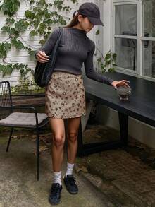 Livesso Falda elegante de mujer con dobladillo y decoración de flores de lentejuelas, conjunto de mujer para otoño/invierno, Año Nuevo, carnaval - Marrón - Ver 6