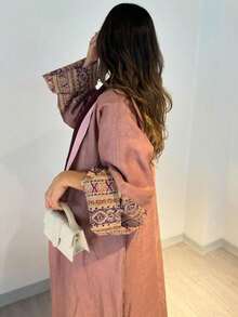 1 pieza Vestido elegante clásico con patrón geométrico rosa patchwork estilo bohemio, para festivales y viajes. Primavera otoño - Rosa vieja - Ver 2
