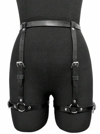 1 件女式黑色皮革腿饰带可调节腰部塑身裤性感纯色腿环日常万圣节派对内衣配饰