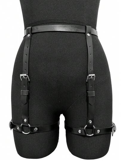 1 件女式黑色皮革腿饰带可调节腰部塑身裤性感纯色腿环日常万圣节派对内衣配饰